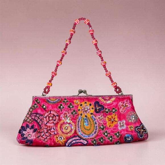None and/or Unknown Handbags - Pink Embroidered Satin Clutch Evening Bag Kiss Lock Boho Festival Statement Bag
